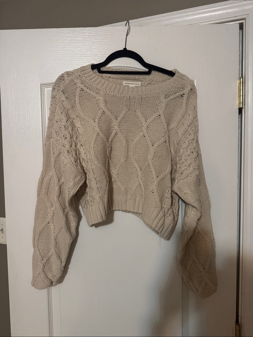Aeropostale Beige Cable Knit Cropped Crewneck Sweater